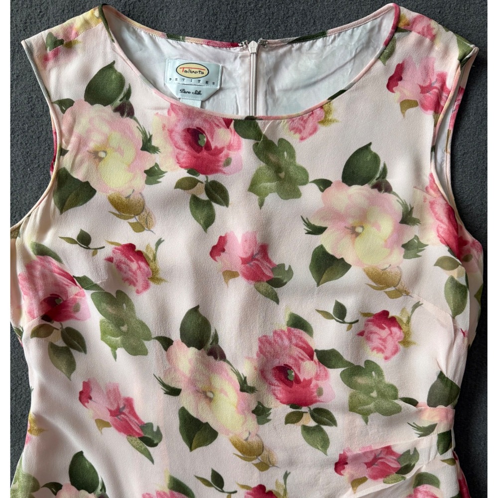 Talbots Petites Pink Floral 100%2 Pure Silk Sheath Dress Lined Sz 10P - EUC